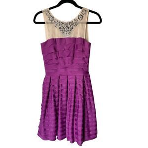 BCBGMaxazria Dress Size Sleeveless Purple Embellished Neckline Pleated Skirt